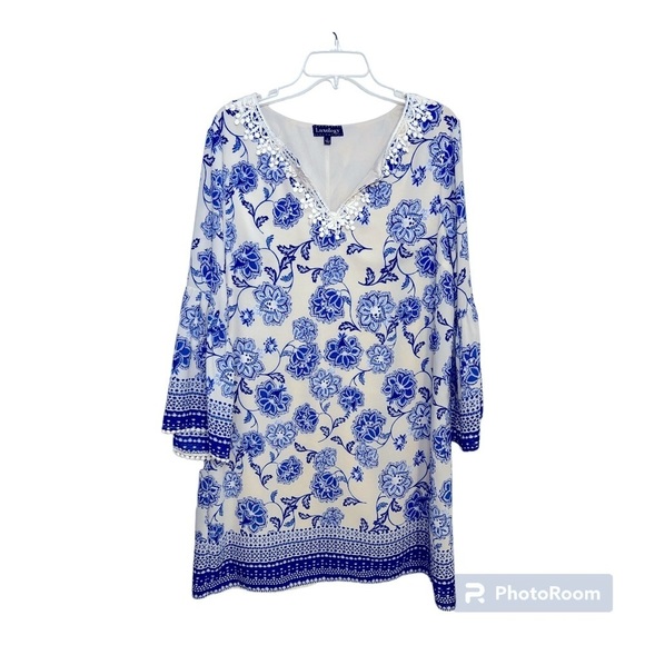 Luxology Dresses & Skirts - Luxology Tunic Dress Bell Sleeve V-Neck Lined Blues Floral, Size Large